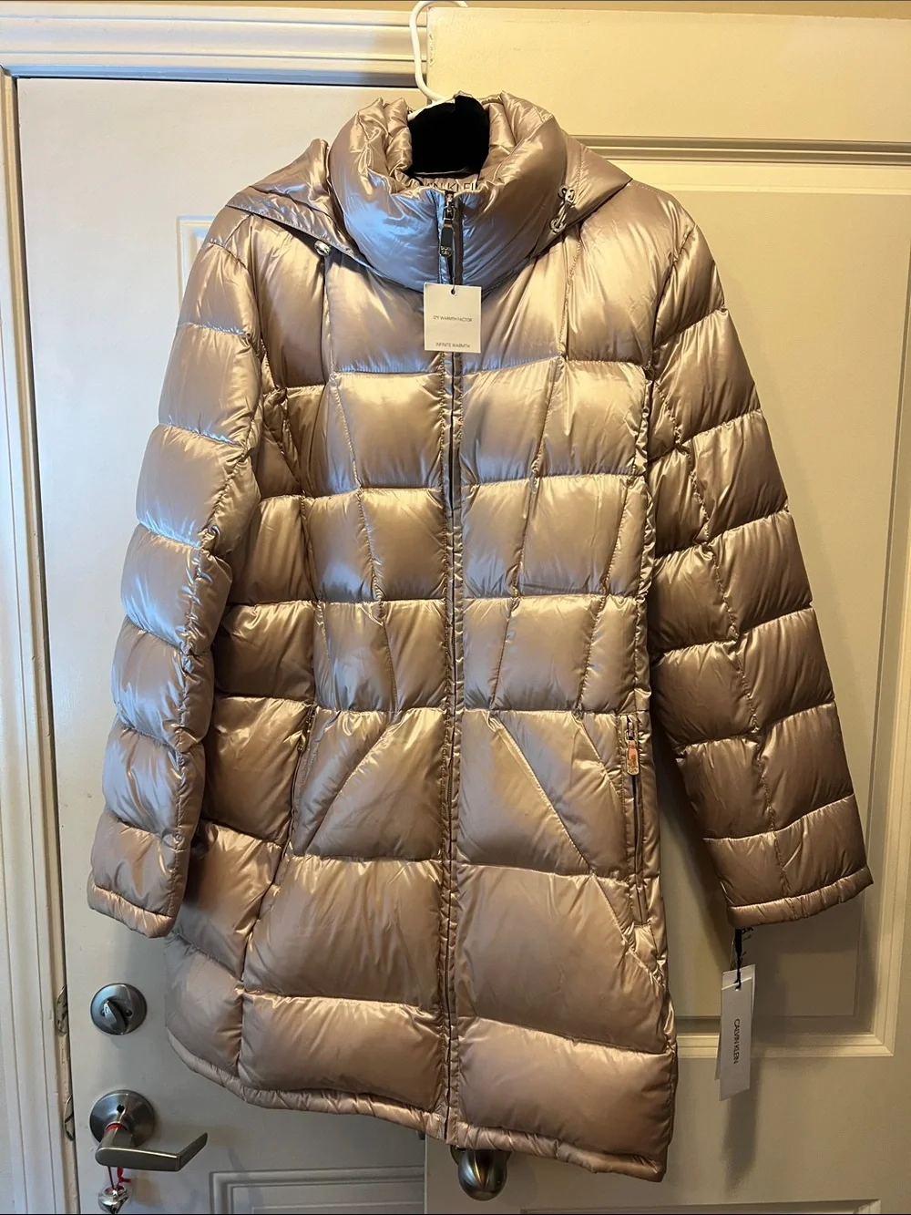 NWT Calvin Klein CWQ12880 Packable Long Puffer Coat XXL | 0° Warmth | Champagne